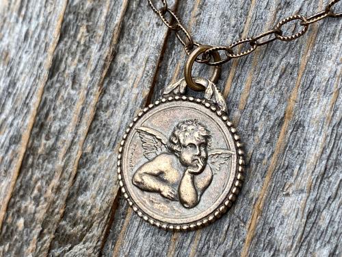 Bronze Dainty Angel Medal Pendant Necklace, French Antique Replica, Signed by artist Brandt, Putti Medallion Charm Pendant from France