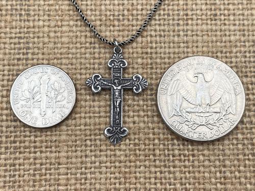 Sterling Silver Petite Crucifix Pendant Necklace, Antique Replica, .925 Sterling Silver Small Crucifix Pendant, Jesus on Cross Medal, Corpus