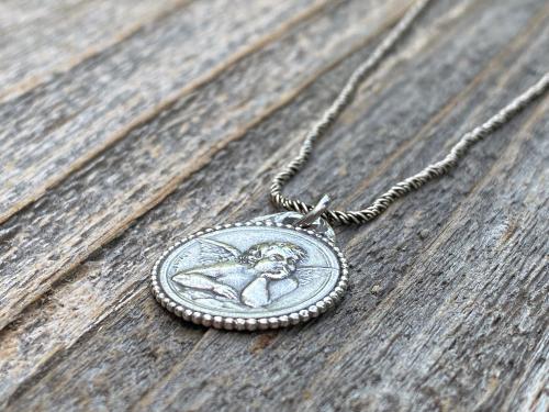 Sterling Silver Dainty Angel Medal Pendant Necklace, French Antique Replica, Signed by artist Brandt, Putti Medallion Pendant from France