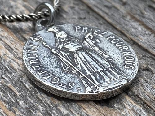 Sterling Silver St Gertrude the Great Medal Pendant Necklace, Signed by French artists Karo & AP Penin, Gertrude Charm, Patron Saint of Cats