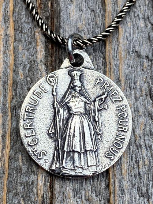 Sterling Silver St Gertrude the Great Medal Pendant Necklace, Signed by French artists Karo & AP Penin, Gertrude Charm, Patron Saint of Cats