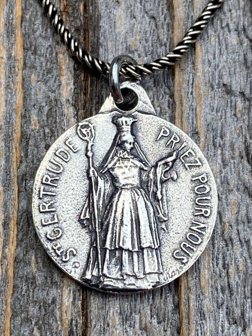 Sterling Silver St Gertrude the Great Medal Pendant Necklace, Signed by French artists Karo & AP Penin, Gertrude Charm, Patron Saint of Cats