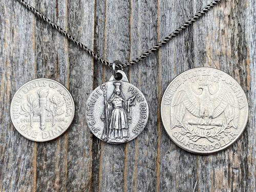 Sterling Silver St Gertrude the Great Medal Pendant Necklace, Signed by French artists Karo & AP Penin, Gertrude Charm, Patron Saint of Cats