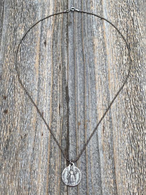 Sterling Silver St Gertrude the Great Medal Pendant Necklace, Signed by French artists Karo & AP Penin, Gertrude Charm, Patron Saint of Cats