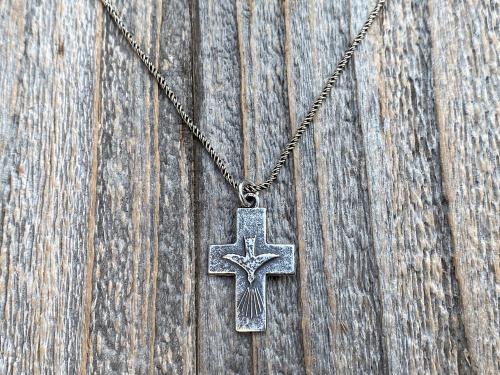 Sterling Silver Small Descending Holy Spirit Cross Pendant Necklace, Antique Replica, Descending Dove Fire Medal, Veni Sancte Spiritus, C1