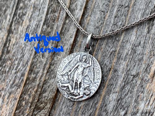 Shiny Sterling Silver St Michael Medal Pendant Necklace, French Antique Replica, Artist L Tricard, Ora Pro Nobis, Saint Michael Pray for Us