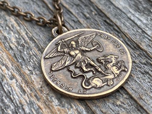 Bronze St Michael the Archangel & Guardian Angel Medal Pendant Necklace, Antique Replica, Two-Sided Protection Medal Pendant, Arcangel Michel