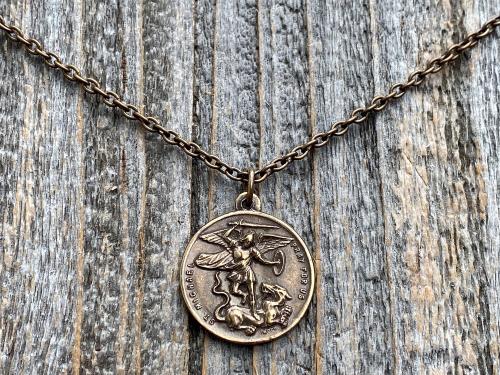 Bronze St Michael the Archangel & Guardian Angel Medal Pendant Necklace, Antique Replica, Two-Sided Protection Medal Pendant, Arcangel Michel