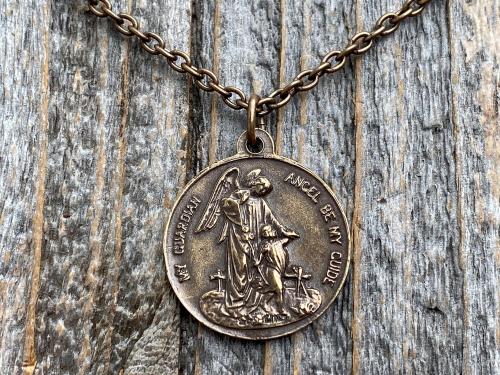 Bronze St Michael the Archangel & Guardian Angel Medal Pendant Necklace, Antique Replica, Two-Sided Protection Medal Pendant, Arcangel Michel