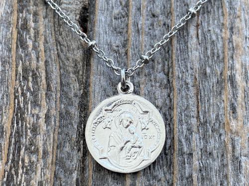 Shiny Sterling Silver St Gerard Majella Medal Pendant Necklace, French Antique Replica by Penin, Patron Saint of Expectant Mothers Fertility