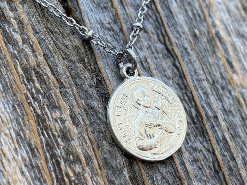 Shiny Sterling Silver St Gerard Majella Medal Pendant Necklace, French Antique Replica by Penin, Patron Saint of Expectant Mothers Fertility