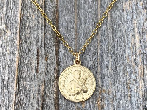 Gold St Gerard Majella Medallion Necklace, French Antique Replica, Patron Saint of Expectant Mothers and Patron Saint of Fertility, Gift Box