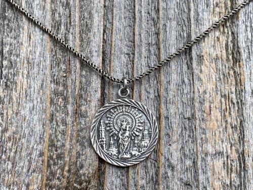 Sterling Silver Our Lady of the Pillar Medal Pendant Necklace, Antique Replica Medallion, Blessed Virgin Mary, Our Lady of the Pilar, Spain