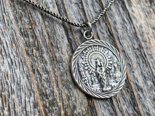 Sterling Silver Our Lady of the Pillar Medal Pendant Necklace, Antique Replica Medallion, Blessed Virgin Mary, Our Lady of the Pilar, Spain