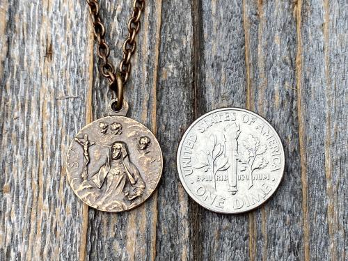 Bronze St Rita of Cascia Medal Pendant Necklace, Antique Replica Saint Rita Medallion Charm from France, Saint of the Impossible Pray for Us