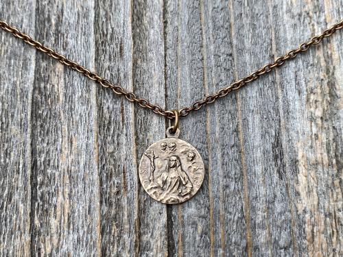 Bronze St Rita of Cascia Medal Pendant Necklace, Antique Replica Saint Rita Medallion Charm from France, Saint of the Impossible Pray for Us