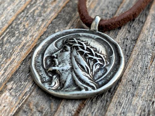 Silver Pewter Crowned Jesus Medal Pendant Necklace, French Antique Replica, By artist Augis & Mazzoni, Rare Jesus Christ Pendant from France