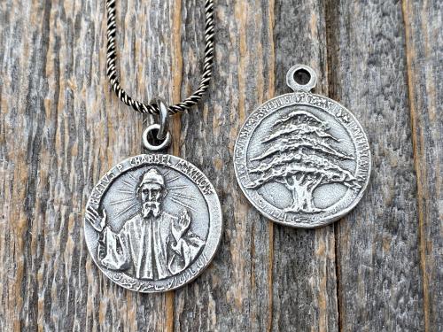 Sterling Silver St Charbel Makhlouf Medal Pendant Necklace, Replica of Rare Saint Sharbel Charm, Lebanese Saint, Miraculous Intercessor