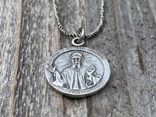 Sterling Silver St Charbel Makhlouf Medal Pendant Necklace, Replica of Rare Saint Sharbel Charm, Lebanese Saint, Miraculous Intercessor