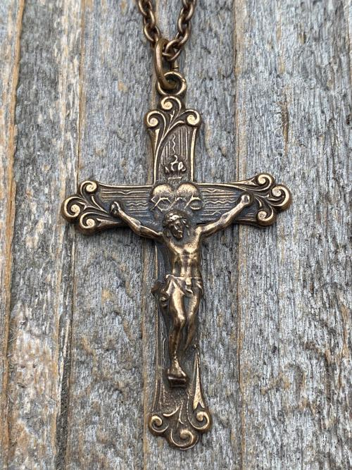 Bronze Sacred Heart of Jesus Crucifix, Pendant Necklace, Antique Replica, Large Bronze Crucifix Cross, Big Sacred Heart Jesus Medal Pendant