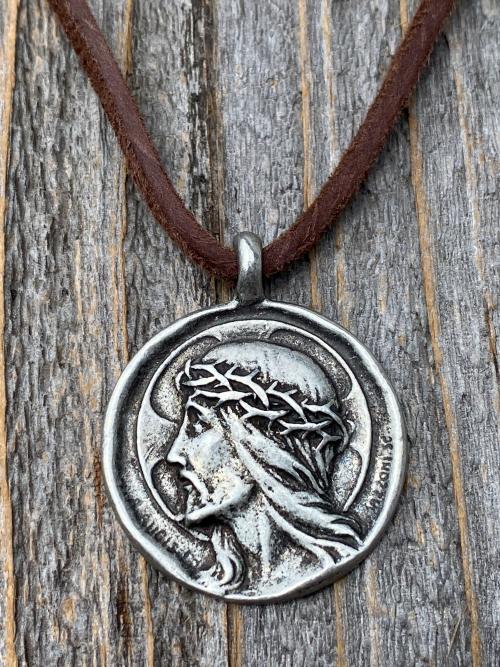 Silver Pewter Crowned Jesus Medal Pendant Necklace, French Antique Replica, By artist Augis & Mazzoni, Rare Jesus Christ Pendant from France