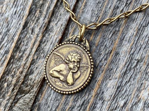 Antique Gold Dainty Angel Medal Pendant Necklace, French Antique Replica, Signed by artist Brandt, Putti Medallion Pendant from France