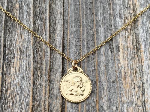 Shiny Gold Dainty Angel Medal Pendant Necklace, French Antique Replica, Signed by artist Brandt, Putti Medallion Charm Pendant from France