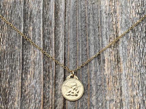 Shiny Gold Dainty Angel Medal Pendant Necklace, French Antique Replica, Signed by artist Brandt, Putti Medallion Charm Pendant from France