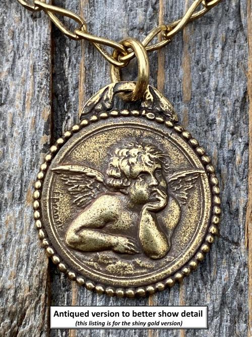 Shiny Gold Dainty Angel Medal Pendant Necklace, French Antique Replica, Signed by artist Brandt, Putti Medallion Charm Pendant from France