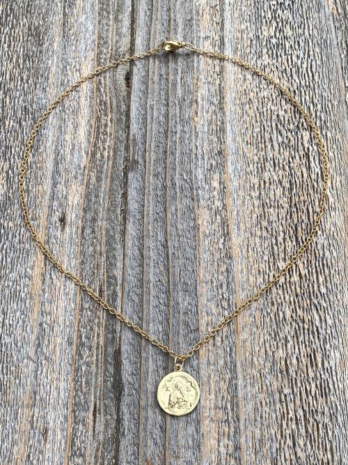 1 karat Gold St Gerard Majella Medal, Necklace, French artist Penin, Antique Replica, Patron Saint of Expectant Mothers, Saint of Fertility