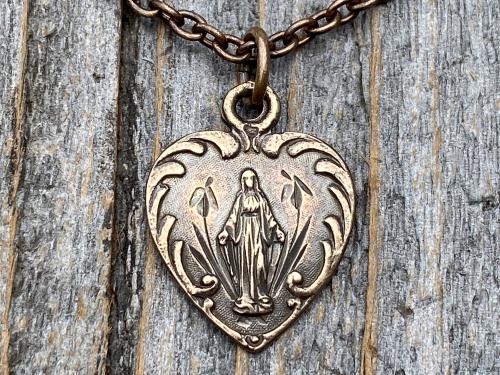 Bronze Small Blessed Virgin Mary Heart Pendant Necklace, French 19th Century Antique Replica, Dainty Our Lady Heart Medallion from France H3