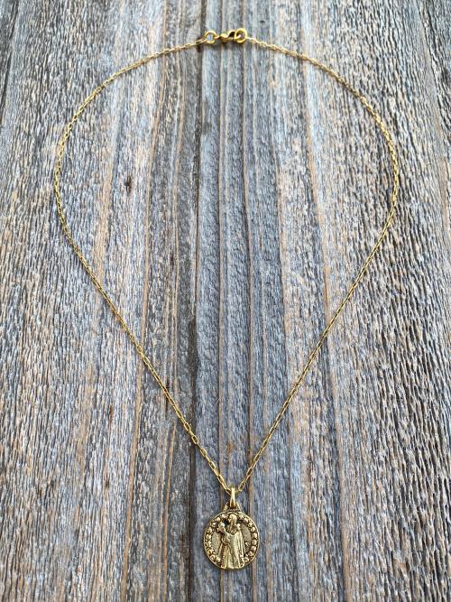 Antique Gold Plated St Thérèse of Lisieux Medal Pendant Necklace, Antique Replica, by artist PY, Small St Theresa of the Child Jesus Charm