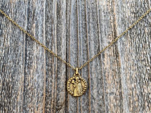 Antique Gold Plated St Thérèse of Lisieux Medal Pendant Necklace, Antique Replica, by artist PY, Small St Theresa of the Child Jesus Charm