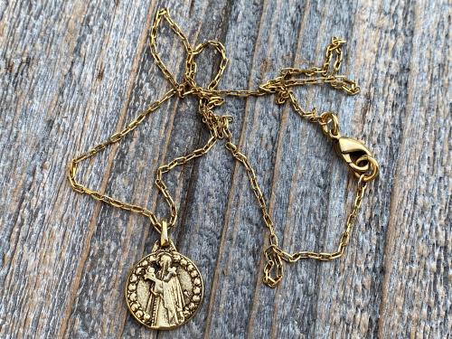 Antique Gold Plated St Thérèse of Lisieux Medal Pendant Necklace, Antique Replica, by artist PY, Small St Theresa of the Child Jesus Charm