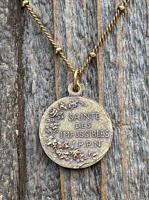 Antique Gold St Rita of Cascia Medal Pendant Necklace, Antique Replica, Saint Rita Medallion Charm from France, Saint of the Impossible