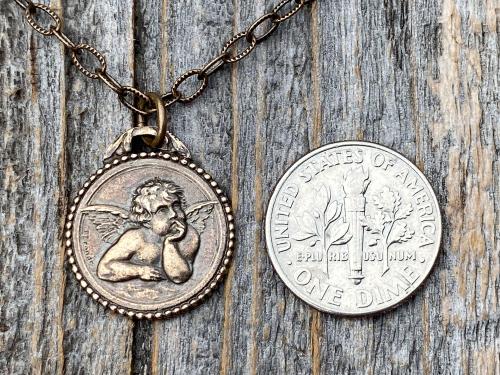 Bronze Dainty Angel Medal Pendant Necklace, French Antique Replica, Signed by artist Brandt, Putti Medallion Charm Pendant from France