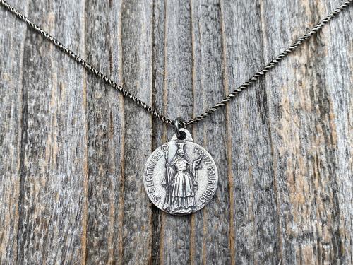 Sterling Silver St Gertrude the Great Medal Pendant Necklace, Signed by French artists Karo & AP Penin, Gertrude Charm, Patron Saint of Cats