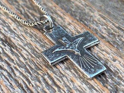 Sterling Silver Small Descending Holy Spirit Cross Pendant Necklace, Antique Replica, Descending Dove Fire Medal, Veni Sancte Spiritus, C1