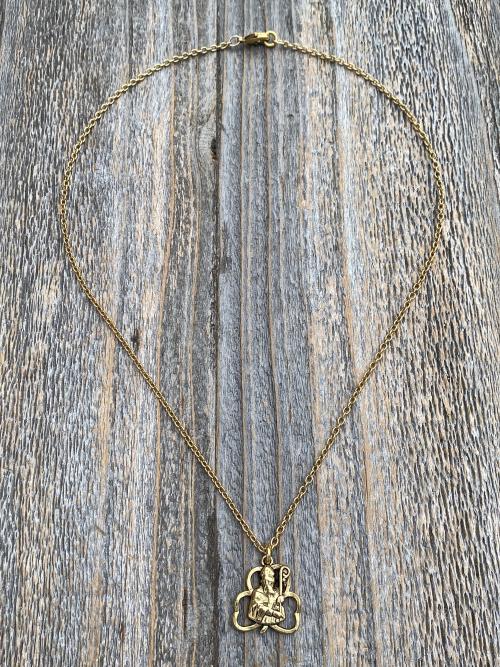 Antique Gold Plated St Patrick Shamrock Pendant Necklace, Antique Replica, Saint Patrick Medal, Irish Catholic Jewelry, St Patrick Medallion