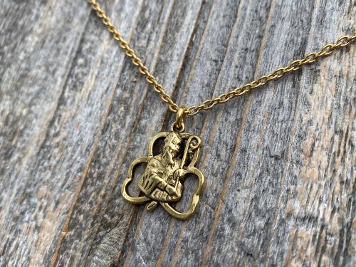 Antique Gold Plated St Patrick Shamrock Pendant Necklace, Antique Replica, Saint Patrick Medal, Irish Catholic Jewelry, St Patrick Medallion