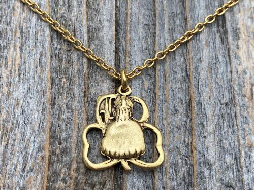 Antique Gold Plated St Patrick Shamrock Pendant Necklace, Antique Replica, Saint Patrick Medal, Irish Catholic Jewelry, St Patrick Medallion