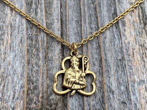 Antique Gold Plated St Patrick Shamrock Pendant Necklace, Antique Replica, Saint Patrick Medal, Irish Catholic Jewelry, St Patrick Medallion