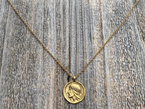 Antique Gold Plated Crowned Jesus Medal Pendant Necklace, Antique Replica, By French Artist Augis & Mazzoni, Rare Christ Pendant from France