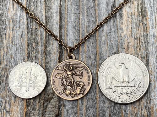 Bronze St Michael the Archangel & Guardian Angel Medal Pendant Necklace, Antique Replica, Two-Sided Protection Medal Pendant, Arcangel Michel