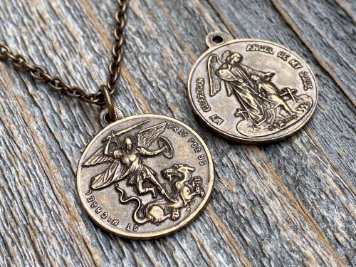 Bronze St Michael the Archangel & Guardian Angel Medal Pendant Necklace, Antique Replica, Two-Sided Protection Medal Pendant, Arcangel Michel