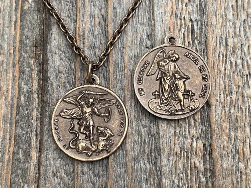 Bronze St Michael the Archangel & Guardian Angel Medal Pendant Necklace, Antique Replica, Two-Sided Protection Medal Pendant, Arcangel Michel