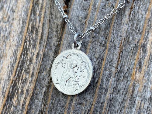 Shiny Sterling Silver St Gerard Majella Medal Pendant Necklace, French Antique Replica by Penin, Patron Saint of Expectant Mothers Fertility