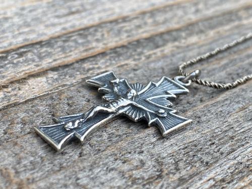 Sterling Silver Radiant Art Deco Crucifix, Antique Replica, Pendant Necklace, Large Sterling Silver Crucifix Pendant, Unisex Crucifix Cross