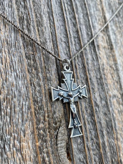 Sterling Silver Radiant Art Deco Crucifix, Antique Replica, Pendant Necklace, Large Sterling Silver Crucifix Pendant, Unisex Crucifix Cross