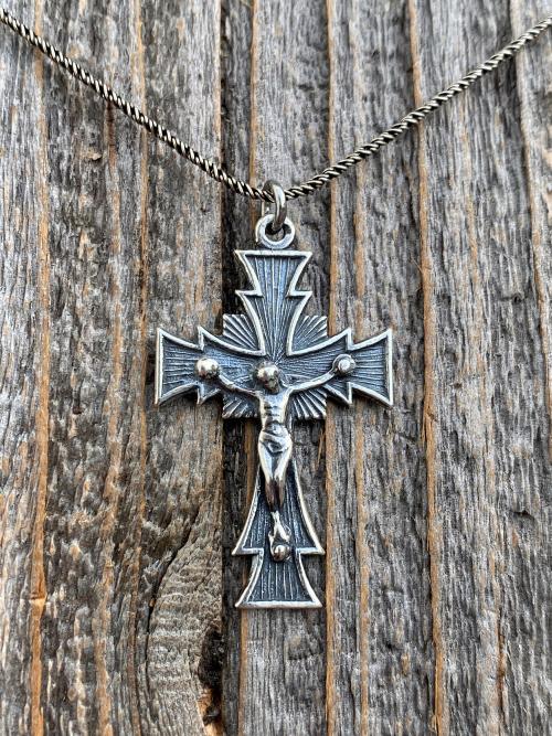 Sterling Silver Radiant Art Deco Crucifix, Antique Replica, Pendant Necklace, Large Sterling Silver Crucifix Pendant, Unisex Crucifix Cross